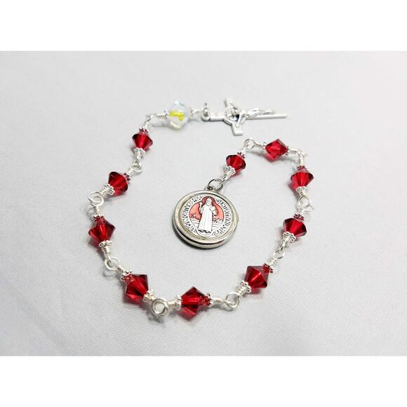 St Benedict Red Handmade One Decade Rosary, Red Swarovski Decade Beads - Picture 3 of 10